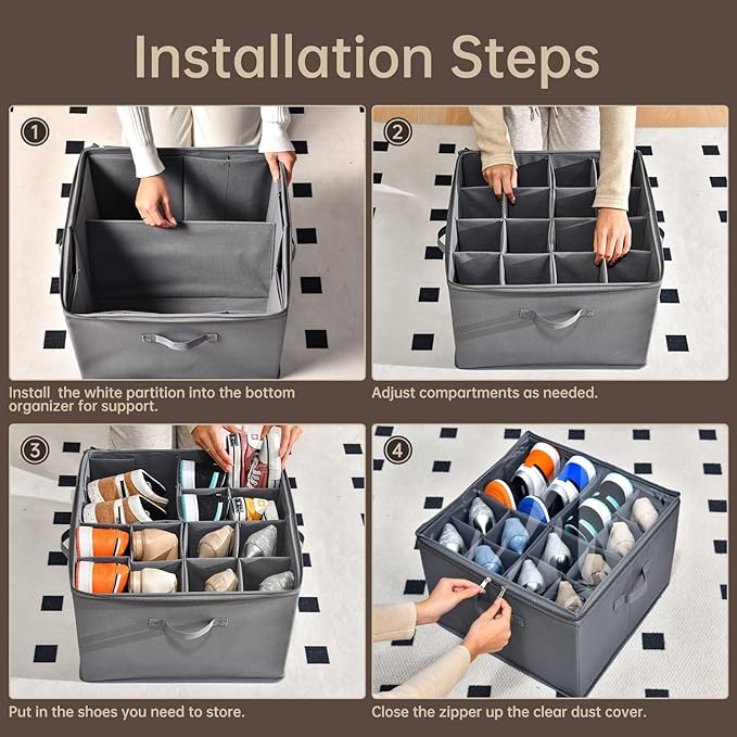 INSTY 2 Pack Shoe Organizer for Closet,Fits up to 32 Pairs,Adjustable Dividers for Shoe Storage,Fabric Shoe Storage Bins with