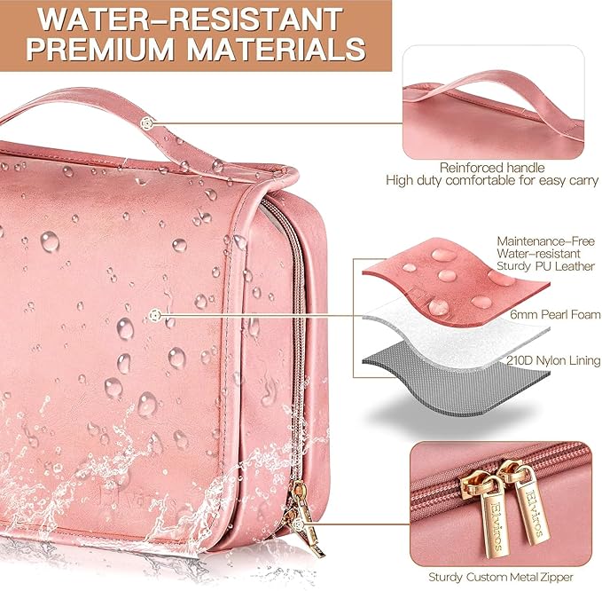 Elviros Hanging Travel Toiletry Bag for Women, 3-in-1 Large Makeup Bag and Cosmetic Organizer, Vegan Leather Waterproof Skinc