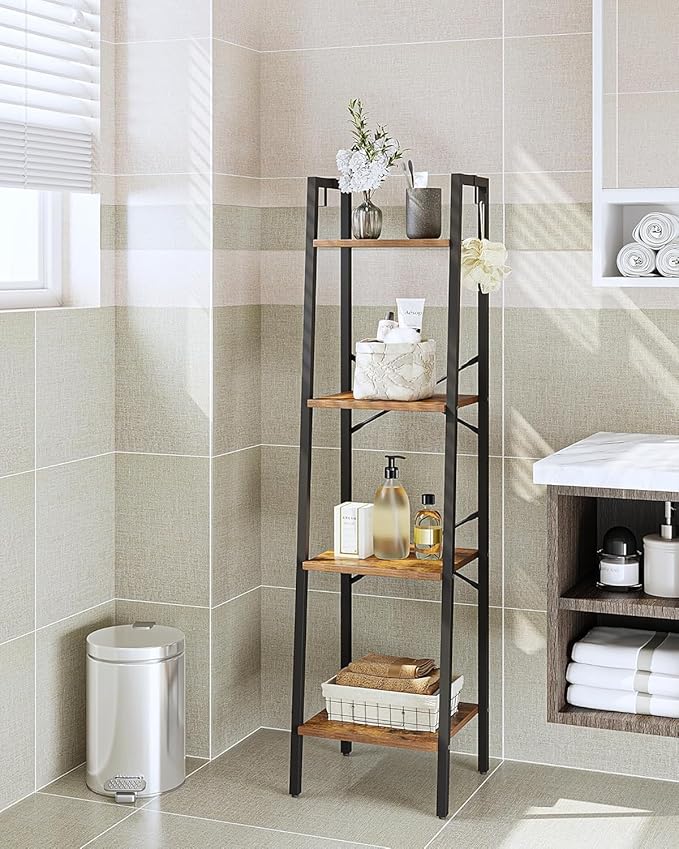 Hzuaneri Ladder Shelf, Bookshelf Bookcase, Freestanding Corner Storage Shelve with 2 Hooks for Home Office, Living Room, Kitc