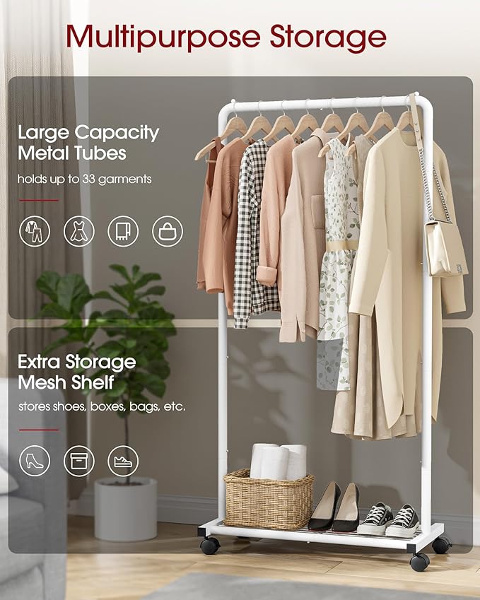 Sakugi Clothes Rack - Clothing Rack with Storage Mesh Shelf & Casters, Heavy-Duty Metal Clothing Rack for Hanging Clothes, Dr