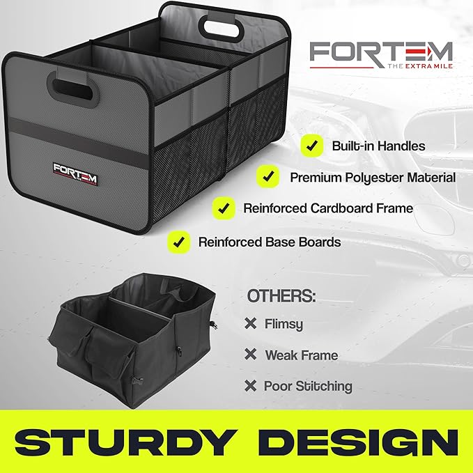 FORTEM Car Trunk Organizer, Collapsible Two Compartment Organizer, Foldable SUV & Truck Storage for Car Accessories for