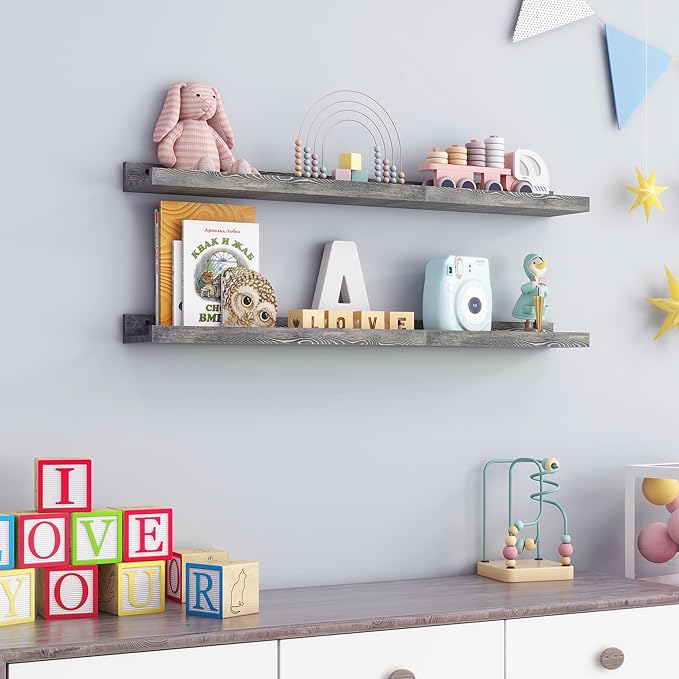36 Inches Floating Shelves for Wall, Solid Pine Wood Picture Ledge Shelves, Wall Shelves with Lips, Nursery Book Shelves for 