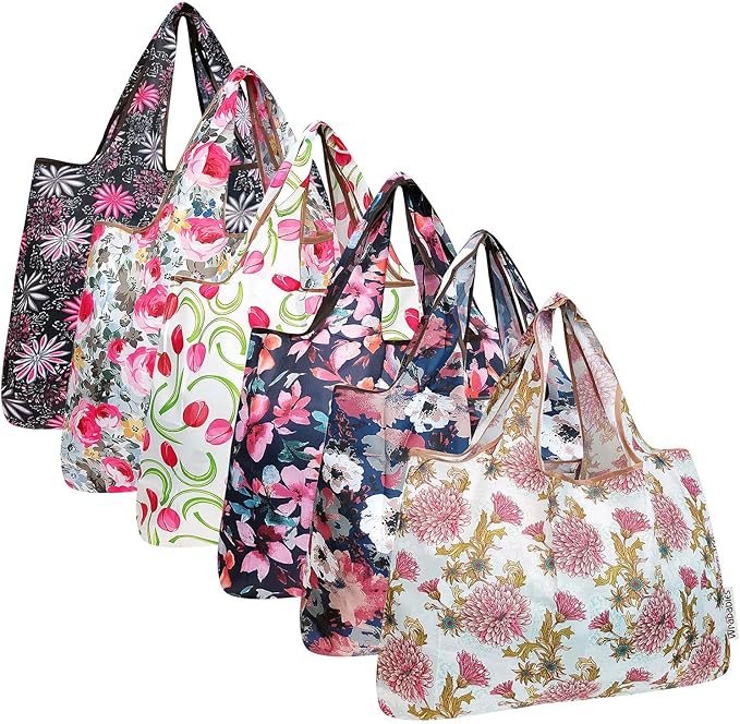 allydrew Large Foldable Tote Nylon Reusable Grocery Bags, 6 Pack