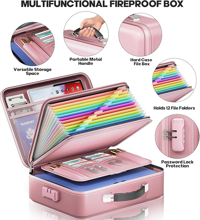 Fireproof Document Box, Hard Case Highly Flame-Resistant Fire Proof Waterproof File Organizer with Lock, Portable Fire Safe f