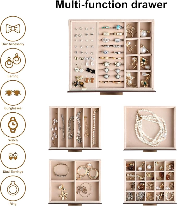 Frebeauty Clear Lid Jewelry Box,5-Layer Jewelry Organizer with Drawer,PU Leather Jewelry Organizers and Storage,Jewelry Boxes