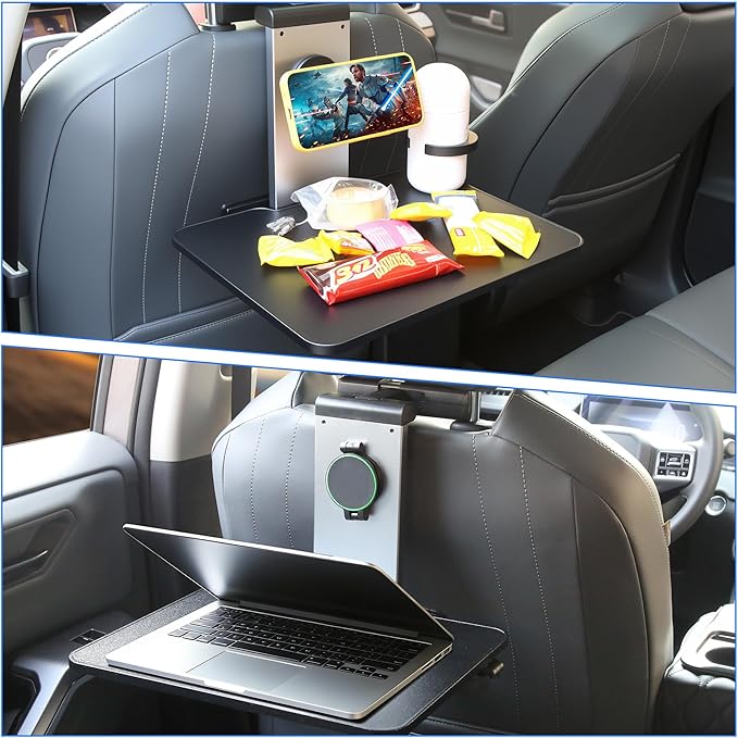 Back Seat Car Tray & Car Desk for Laptop, Wood Cup Holder Table Aluminum Cantilever Laptop Mount for Vehicle,Steering Wheel Tray Fits for Tesla Model Y/3/S Camry Forester F150 Tundra&Most Vehicles