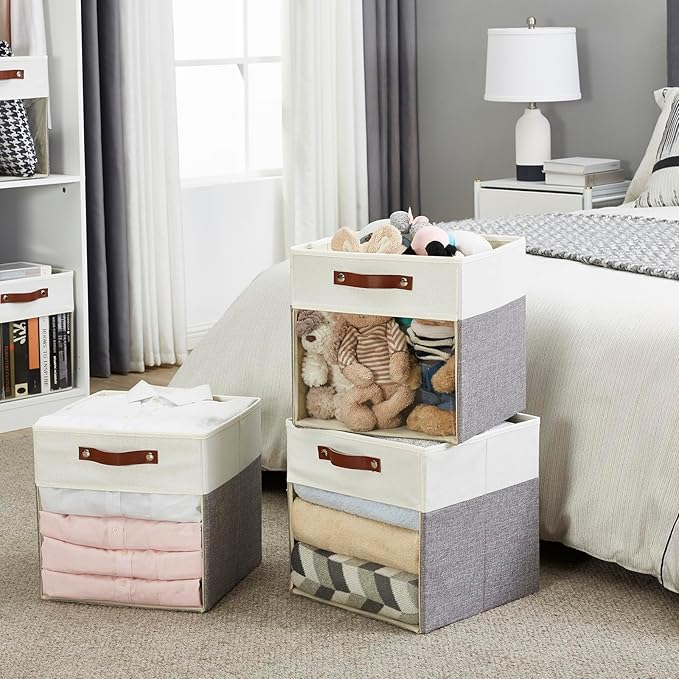 Bagnizer Storage Cubes, 4 Pack Linen Foldable Storage Bins with Clear Window and 2 Handles, 13x15x13 Storage Cube Bins for Sh