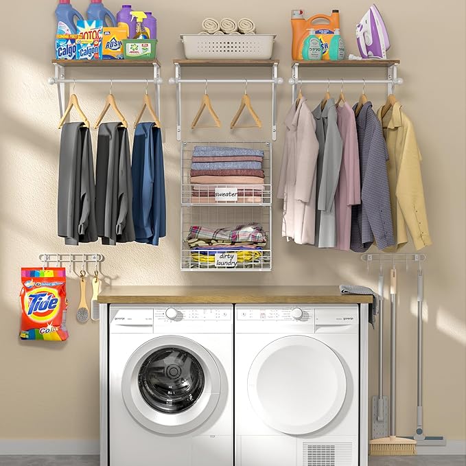 DAOUTIME 2 Set Laundry Room Wall Mounted Shelves With Wire Storage Baskets, Over Washer and Dryer With Hanging Rods and Hooks