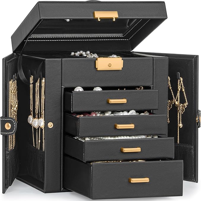 TORIBIO Jewelry Box for Women, Leather Jewelry Organizer with Mirror & Lock, 5-Tier Jewelry Storage Organizer with 4 Drawers 