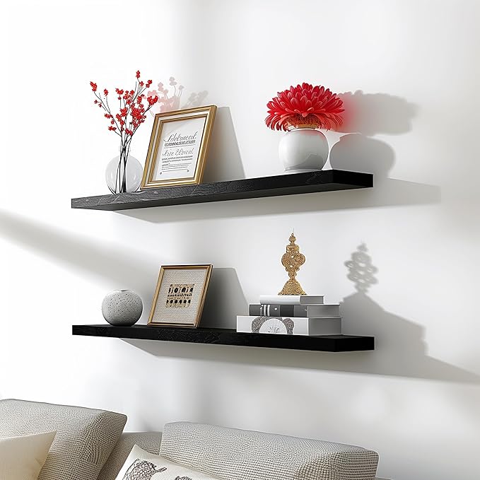 PHPH 36 Inch Wood Floating Shelves for Wall, Wooden Wall Shelves for Bedroom, Set of 4 Black