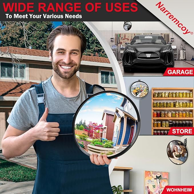 2 Pcs 12” Acrylic Convex Mirror - Adjustable Wide Angle View Security Traffic Mirror Indoor Outdoor, Wall Mounting Corner Blind Spot for Garage Warehouse, School, Store Safety and Office