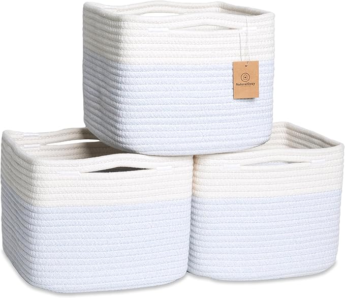 NaturalCozy Storage Cubes 9”x9”x7”Cotton Rope Woven Baskets for Organizing 3-Pack | 9 Inch Cube Storage Bin | Small Basket fo