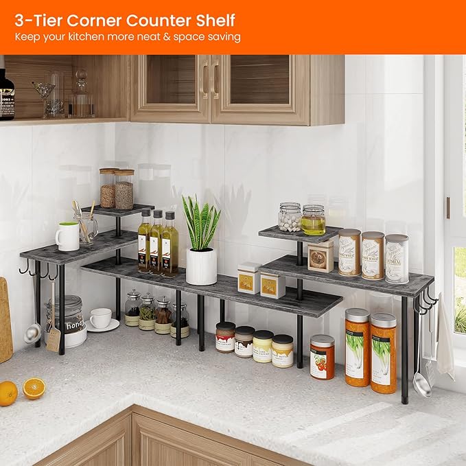 Homode Kitchen Countertop Organizer, 3 Tier Corner Shelf Bathroom Counter Organizer, Wooden Counter Shelf Stand Space Saver, 