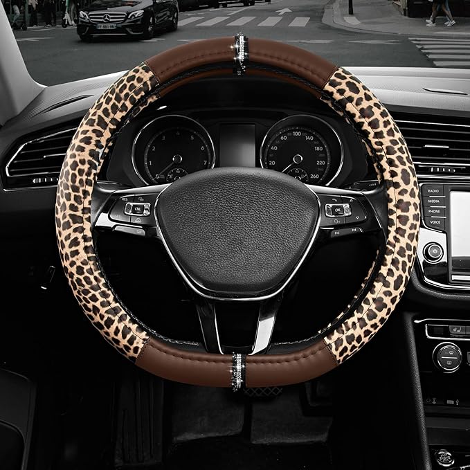 Road Comforts Leopard Steering Wheel Cover for Women, Cute Anti-Slip Microfiber Leather, Fits D Shape Flat Bottom Steering Wh
