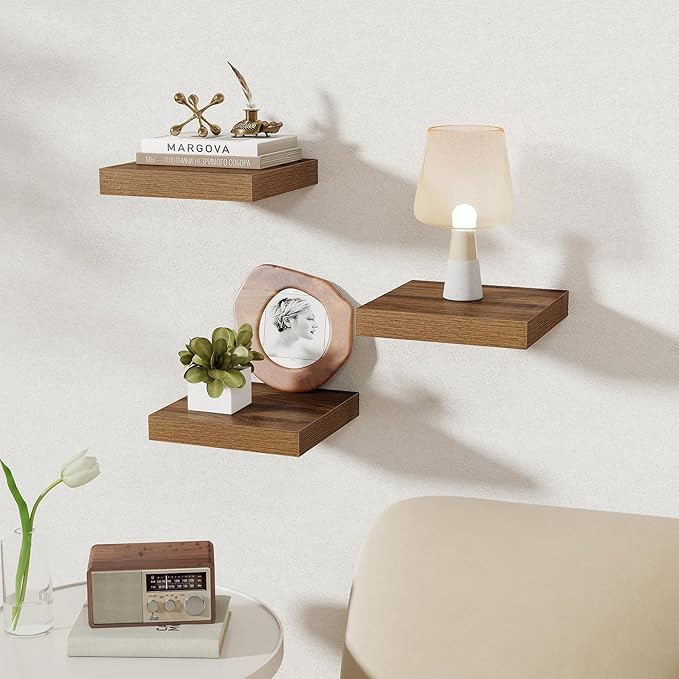 Fun Memories Square Floating Shelves for Wall, 9.3" W x 9.3" D x 1.4" H, Shelves for Wall with Invisible Brackets, Small Wood