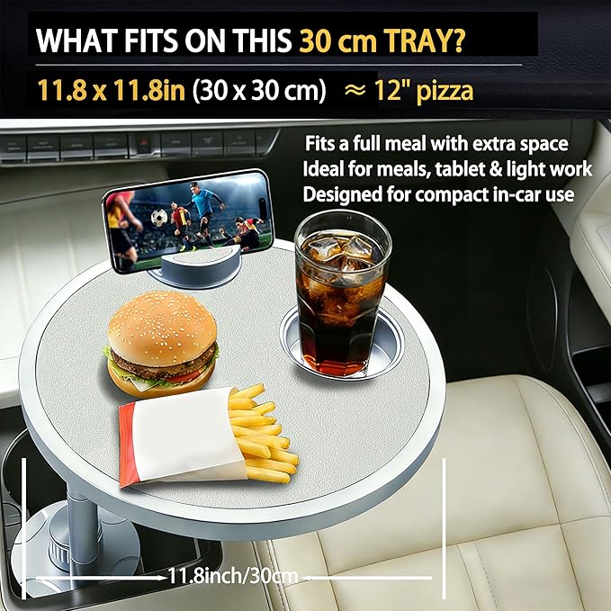 Car Food Tray & Car Table Tray with Car-Grade Aluminum Cup Holder & Phone Stand, Premium Wood with Leather Surface, 360° Rotating Car Desk for Laptop &Eating (Round, White)