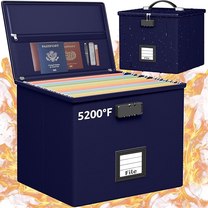 Navy blue Fire Proof File Box for Documents - Portable Fireproof Document Organizer Box with Handle Waterproof Safe Locking F