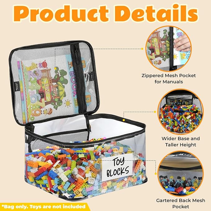 6-Pack Extra Large Toy Storage Bags with Zippers & Labels, Reusable Clear TPU Waterproof Organizer for Kids Toys, Building Bl