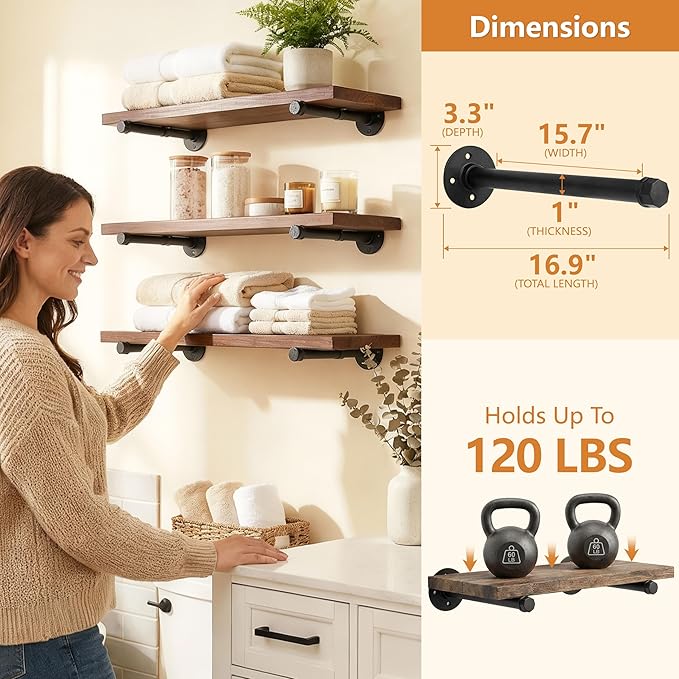 IAE Floating Pipe Shelves Bracket ,Wall Mounted Pipe Shelf for 6-16 in Depth Wood,Heavy-Duty 3/4" Iron , Pipe Shelving Bracke