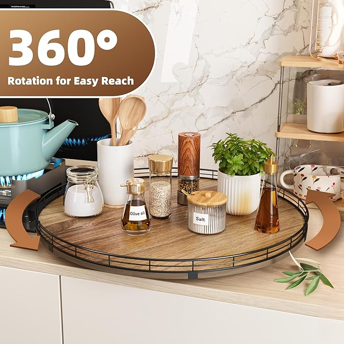 Acacia Wood 21" Lazy Susan Turntable Organizer for Table Top, Farmhouse Extra Large Round Lazy Susan for Serving Kitchen Coun