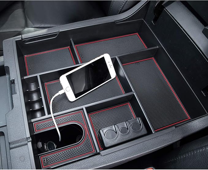 JDMCAR Compatible with Toyota Tundra Accessories 2014-2021 Center Console Organizer, Insert ABS Black Materials Tray, Armrest Secondary Storage Box - Full Tray -Red Trim