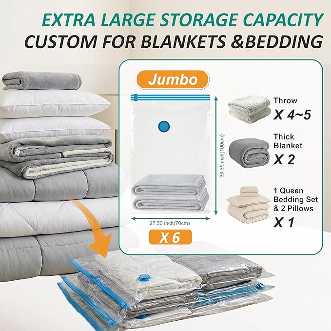 Cozy Essential Vacuum Storage Bags, 80% Compression Vacuum Seal Space Saver Plastic Packaging Bags for Clothes, Blankets, Pil
