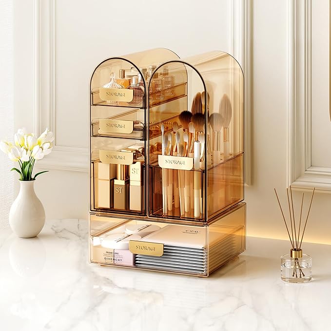 Makeup Organizer Countertop with Drawers & Lid, Skincare Organizer for Vanity, Large Cosmetic Organizer & Display Cases and S