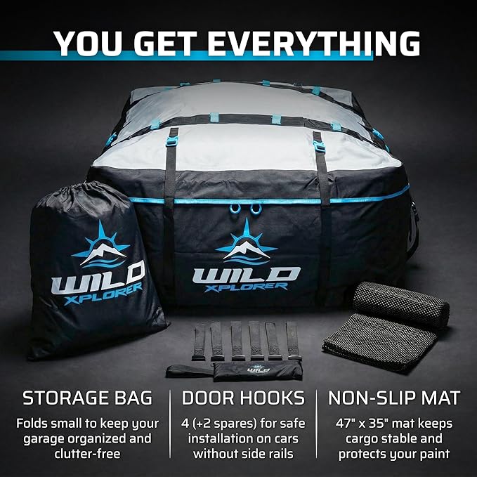 Rooftop Cargo Carrier - 19 Cubic Feet (XL), Waterproof Soft Shell Car Roof Cargo Carrier, Heavy Duty Car Top Luggage Cargo Bag with Patented Door Hooks and Non-Slip Mat