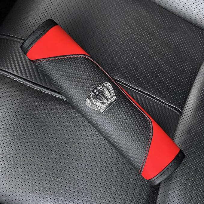 Car Seat Belt Cover 2 Pcs Leather Shoulder Pad with Bling Crown Protector Car Safety Strap Covers Accessories,Red
