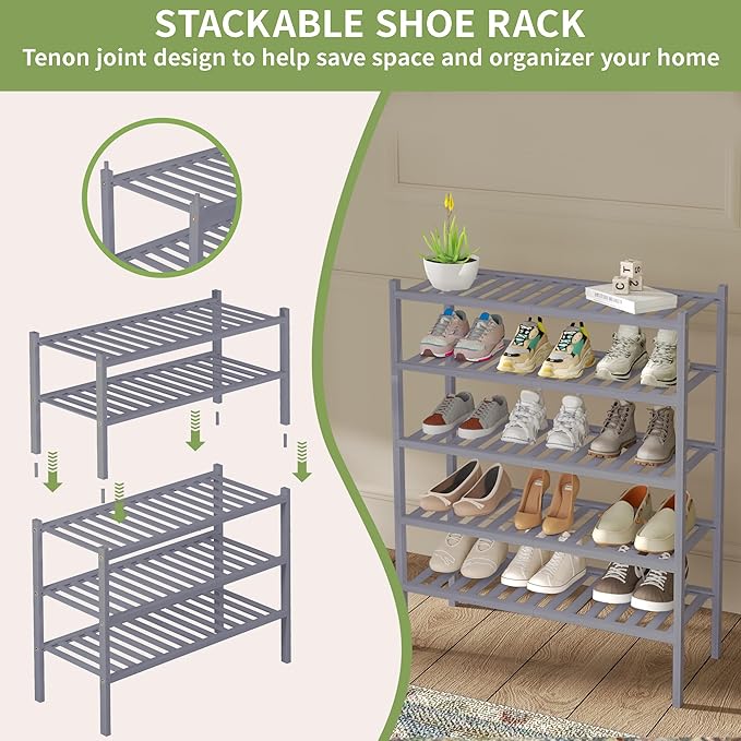 ROMGUAR CRAFT 3 Tier Bamboo Shoe Rack for Closet Free Standing Wood Shoe Shelf Storage Organizer for Entryway Small Space Sta