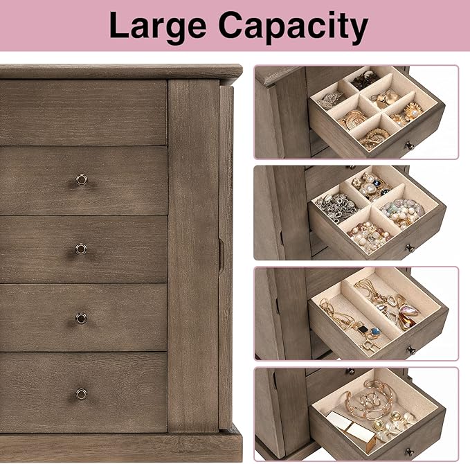 Emfogo Jewelry Box for Women, 5 Layer Large Wood Jewelry Boxes & Organizers for Necklaces Earrings Rings Bracelets, Rustic Je
