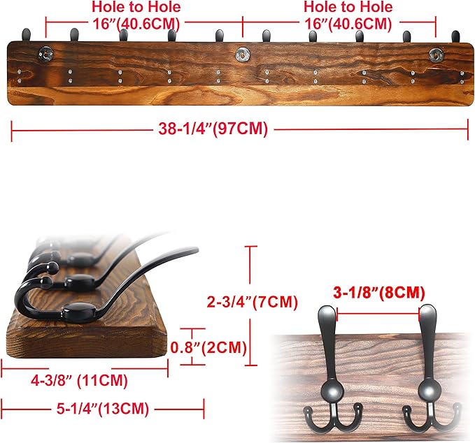 Dseap Coat Rack Wall - Heavy-Duty 38-1/4" Long, with Reinforced 10 Custom Tri-Hooks, Solid Wood Wall Hanger for Coats Hat Jac
