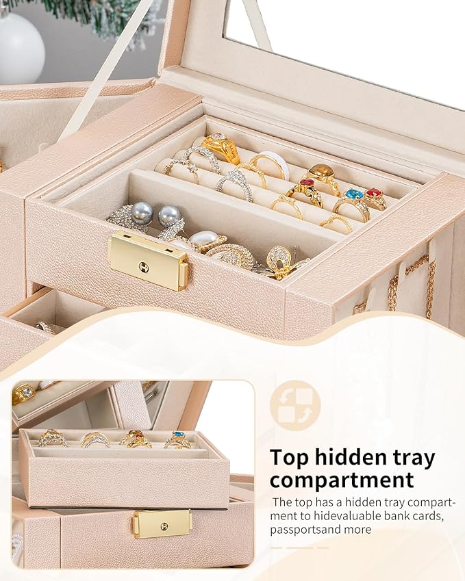 AKOZLIN 5-Tier Jewelry Box Leather Jewelry Storage Organizer with 4 Drawers Lockable for Women Girls Ring Necklace Earring Br