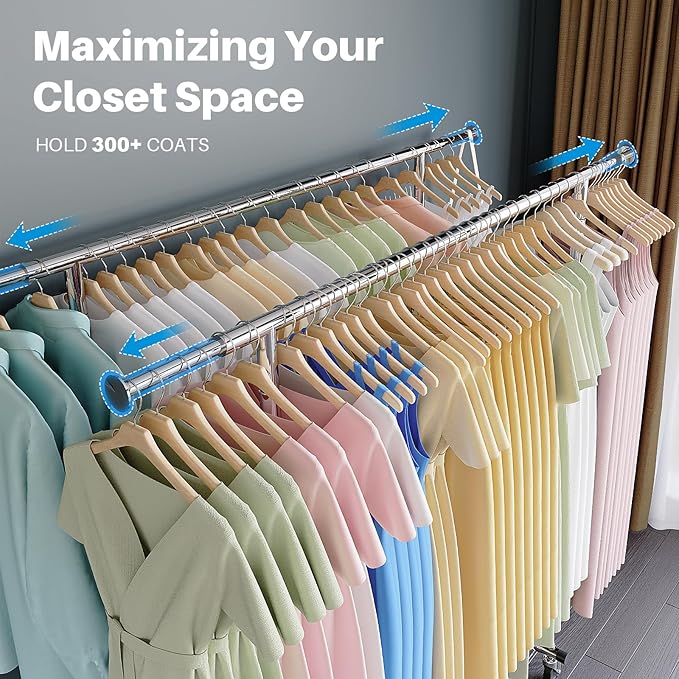 HOKEEPER Clothes Rack Heavy Duty Clothing Rack Load 650 LBS Collapsible Garment Rack with Wheels Double Rod Clothes Rack for 