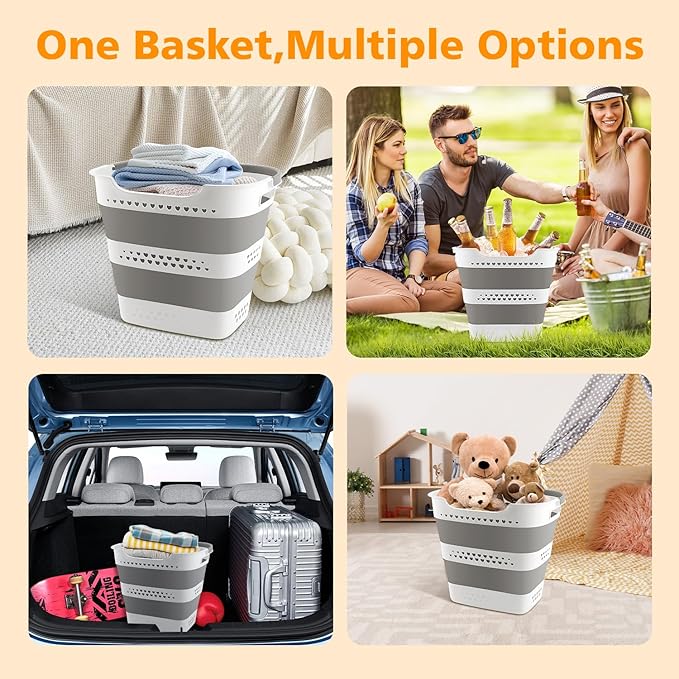 42L Medium Collapsible Plastic Laundry Basket with Handles, Foldable Laundry Basket Hamper, Pop Up Storage Container Organize