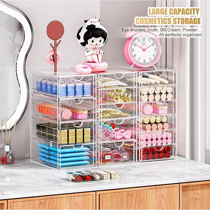 Acrylic 3 Pack Desk Organizers and Accessories, Makeup Organizer Storage With 15 Drawers, Desk Organizers, Dustproof Drawer O