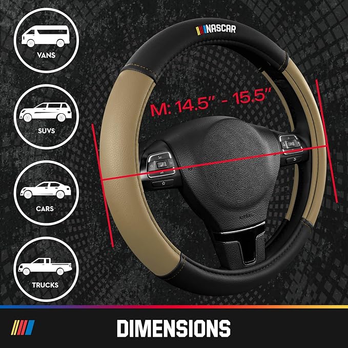 NASCAR Steering Wheel Cover, Two-Tone Beige Leather Patchwork, Universal Fit 14.5"-15.5" Steering Covers for Cars, Anti-Slip,