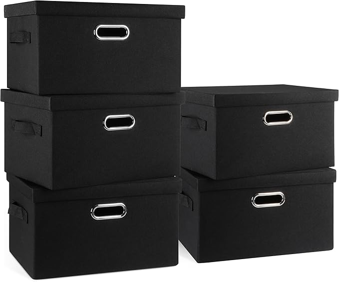 Graciadeco Medium 15" 21 Quart Collapsible Stackable Storage Bins with Lids, 5 Packs Black Foldable Fabric Closet Storage Box