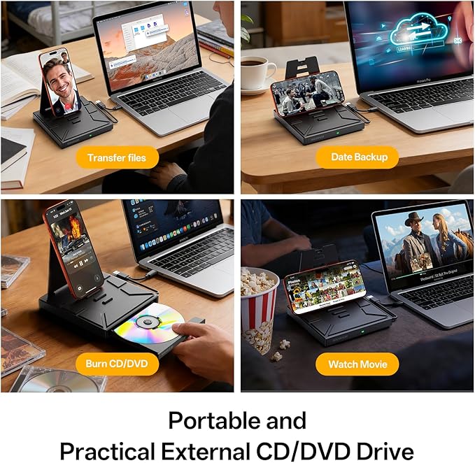 9-in-1 External CD/DVD Drive with Phone Holder, USB 3.0 & Type-C Portable DVD±RW/CD Burner, Plug and Play Optical Drive Compatible with Laptop PC, Desktop, Windows 11/10/8/7, Mac, Linux