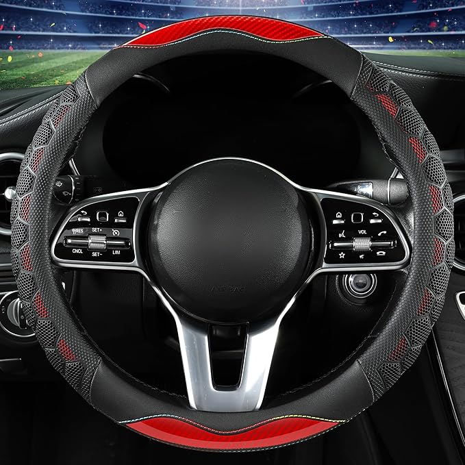 PU Leather Steering Wheel Cover 14.5-15 Inch, Carbon Fiber Style Grip, Non-Slip & Breathable, Universal for Sedan SUV Truck