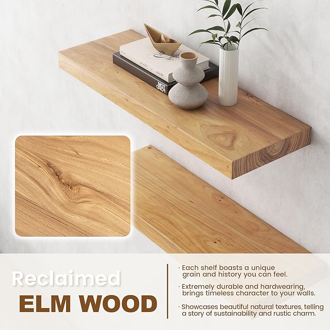 Elm Floating Shelves for Wall Decor, Rustic Solid Wood Shevles Wall Mounted with Invisible Bracket for Living Room Bathroom B