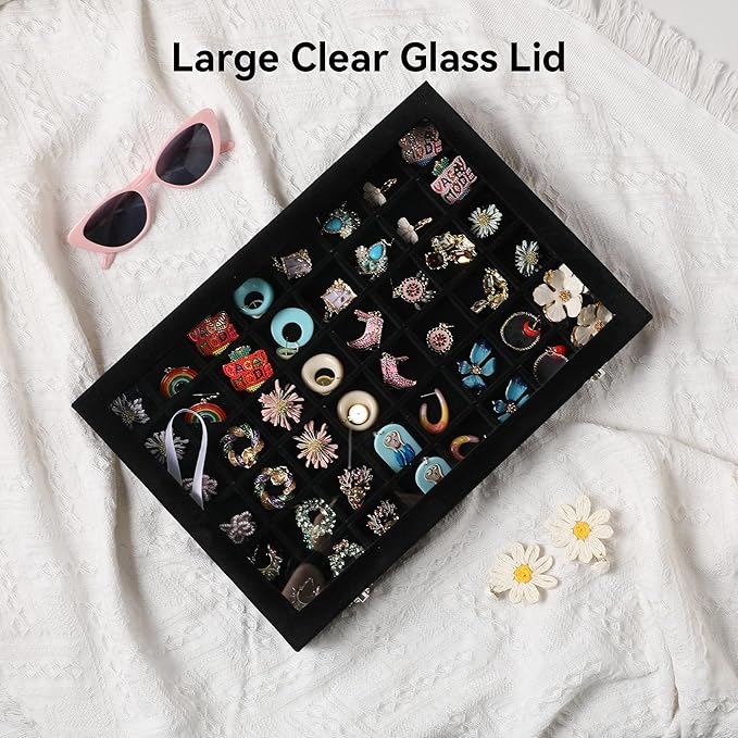 Frebeauty 48 Grid Jewelry Tray,Adjustable Earring Holder Organizer with Glass Lid,Velvet Drawer Jewelry Organizer for Rings,S