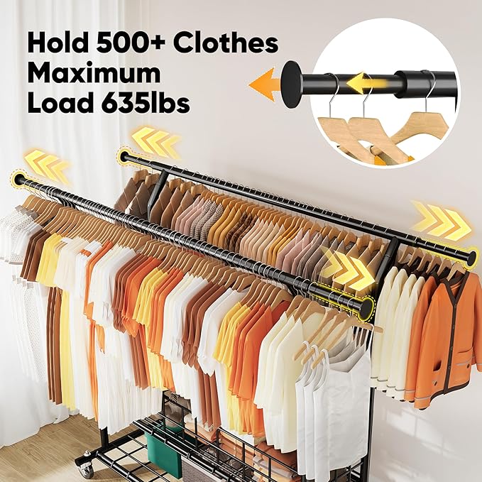 HOKEEPER Heavy Duty Clothes Rack Load 635 LBS, Clothing Rack for Hanging Clothes, Adjustable Black Double Rod with Metal Bask
