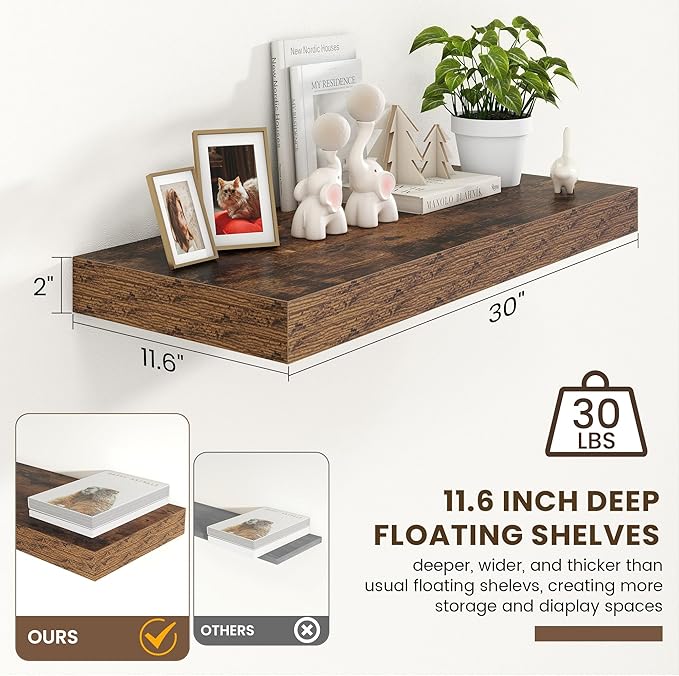 30 Inch Floating Shelves | 12 Inch Deep Brown Floating Shelves | 30" W x 12" D Rustic Wood Shelves for Wall | Deep Brown Shel