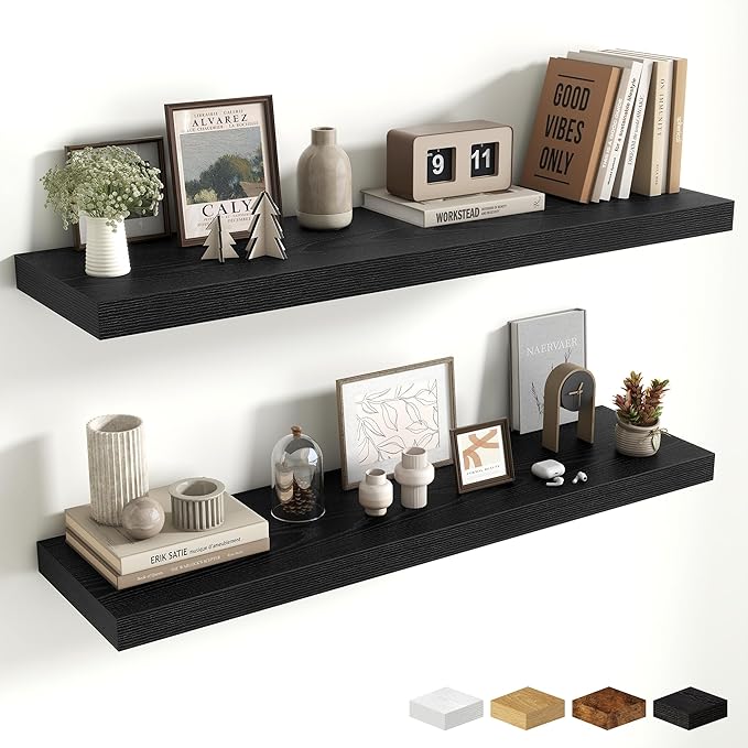 Fun Memories Floating Shelves Set of 2, 40 Inch Long Wooden Wall Shelves, 10 Inch Deep Wall Mounted Storage Shelf with Metal 