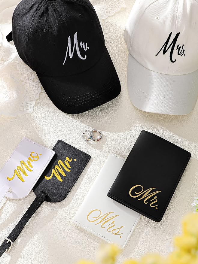 Jeyiour 6 Pieces Mr and Mrs Gifts Set for Couple Including Bride Baseball Caps Groom Mr and Mrs Luggage Tags Passport Covers 