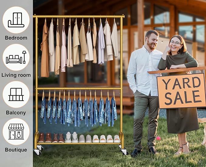 MISSLO Gold Clothing Racks for Hanging Clothes Heavy Duty Clothes Rack Double Garment Rack Metal Rolling Coat Rack Closet War