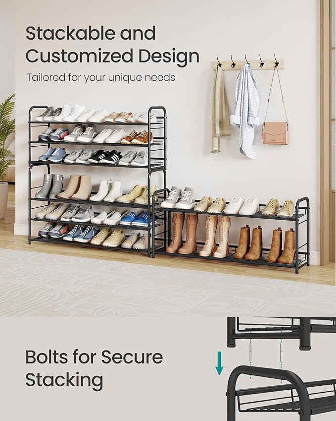 SONGMICS Stackable Shoe Rack, 3 Tier Metal Shoes Rack Storage Shelf, Holds up to 15 Pairs, Adjustable Slanted Shelves Tower O