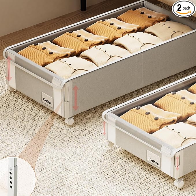 2Pack Under Bed Storage with Wheels,6.7"-9" Adjustable Height Underbed Storage,Under Bed Storage Containers,Rolling Under Bed