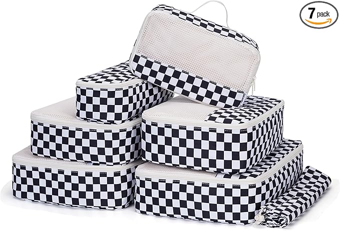 Narwey 7 Set Checkered Packing Cubes for Travel Carry on Suitcase Luggage Organizer Bags for Kids Women Men, Durable Packing 